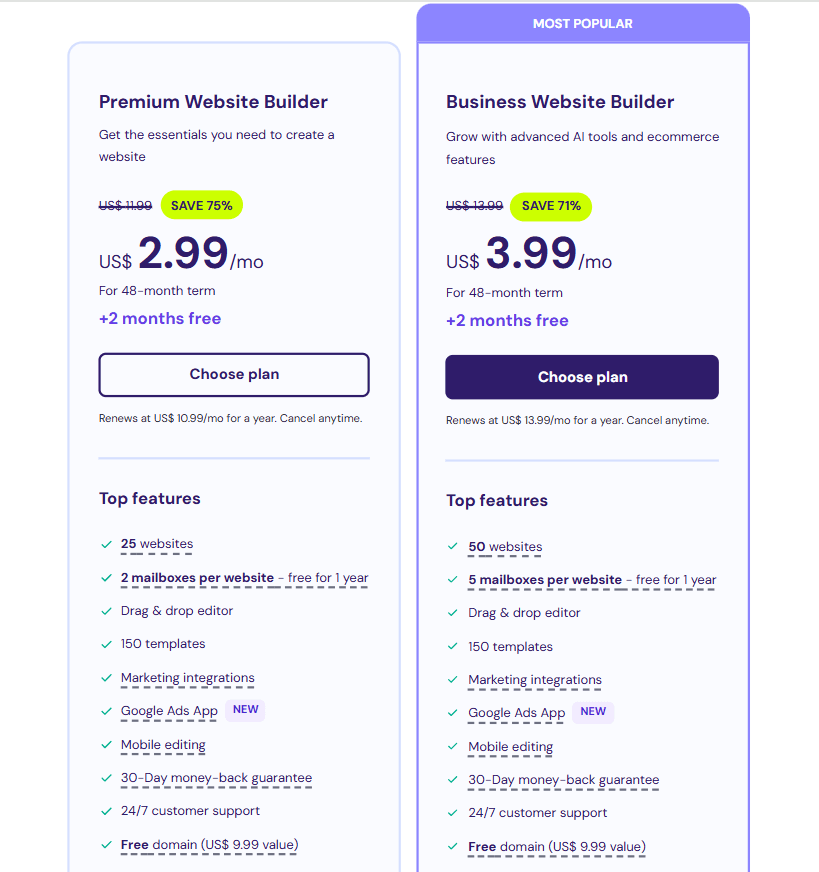hostinger website builder pricing plans