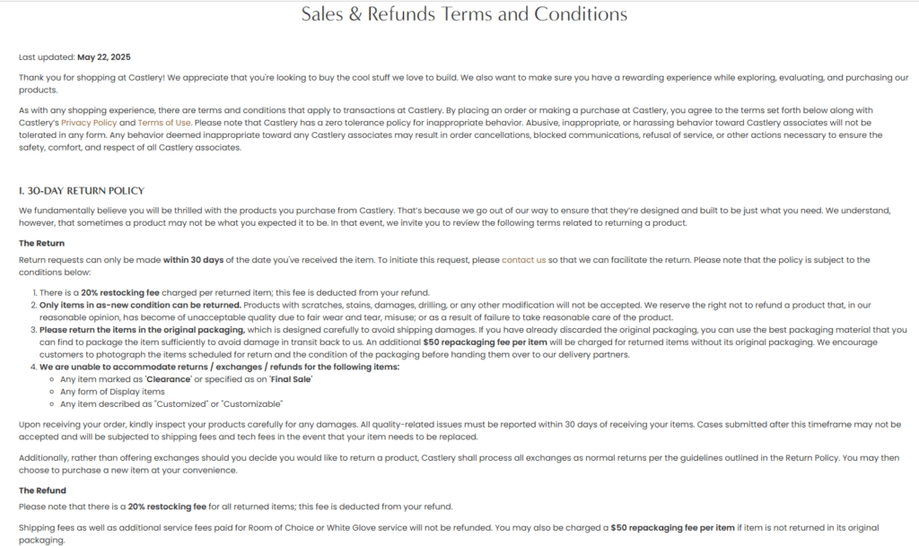 Castlery sales and refund policy