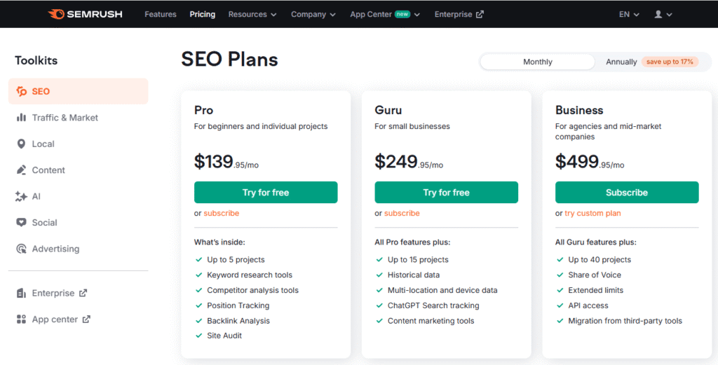 semrush vs ahrefs: semrush pricing plans