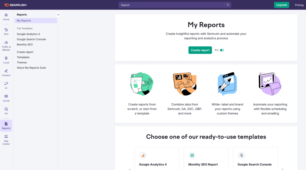 semrush vs ahrefs: semrush reporting dashboard