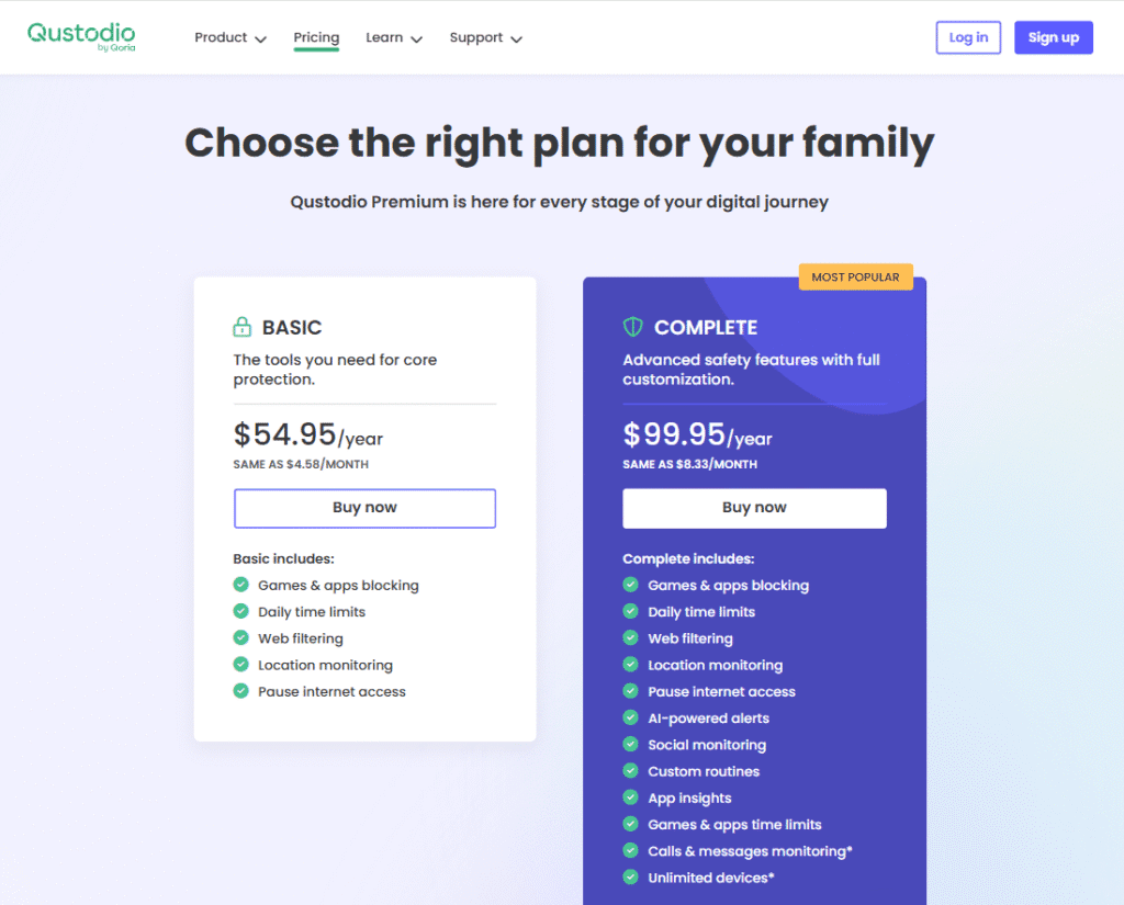 SentryPC vs Qustodio: Qustodio Pricing Plans