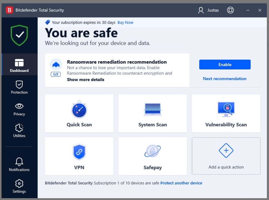 Norton 360 vs Bitdefender: Bitdefender Dashboard