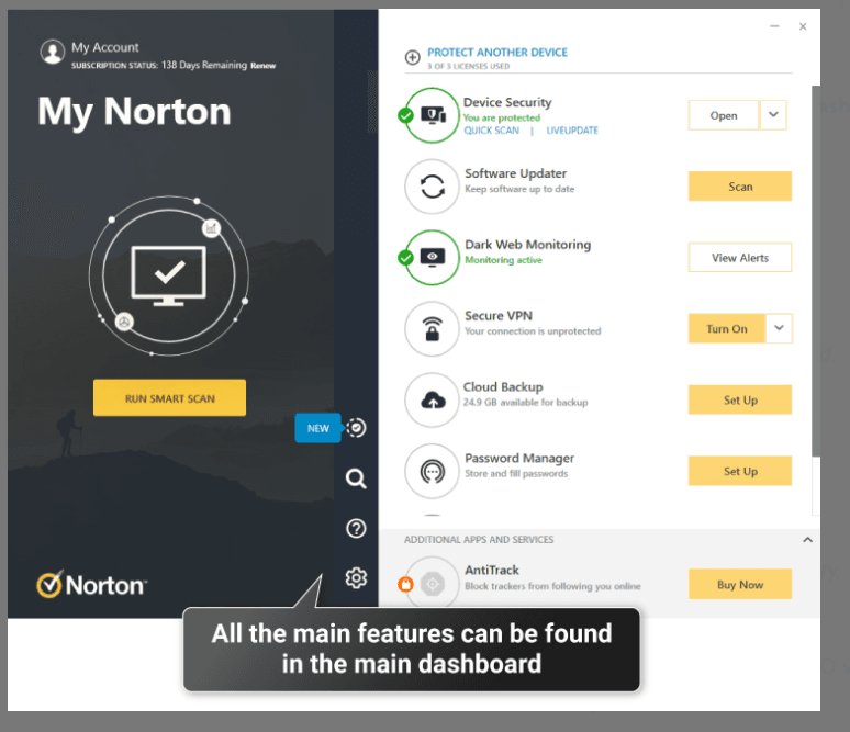Norton 360 vs Bitdefender: Norton's Dashboard

