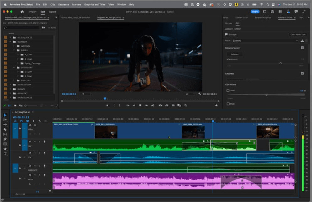Filmora vs Adobe Premiere Pro: Adobe Premiere Pro Editing Panel