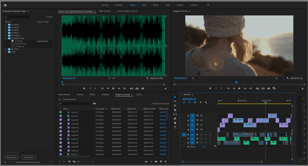 Filmora vs Adobe Premiere Pro: Adobe Premiere Pro Production Panel