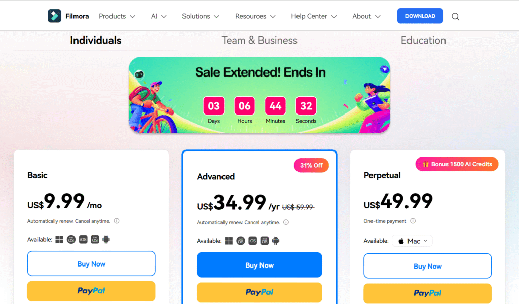 Filmora vs Adobe Premiere Pro: Filmora Pricing & Plans
