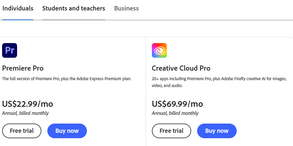 Filmora vs Adobe Premiere Pro: Adobe Premiere Pro Pricing & Plans