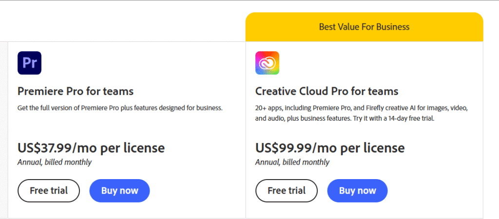 Filmora vs Adobe Premiere Pro: Adobe Premiere Pro Pricing & Plans