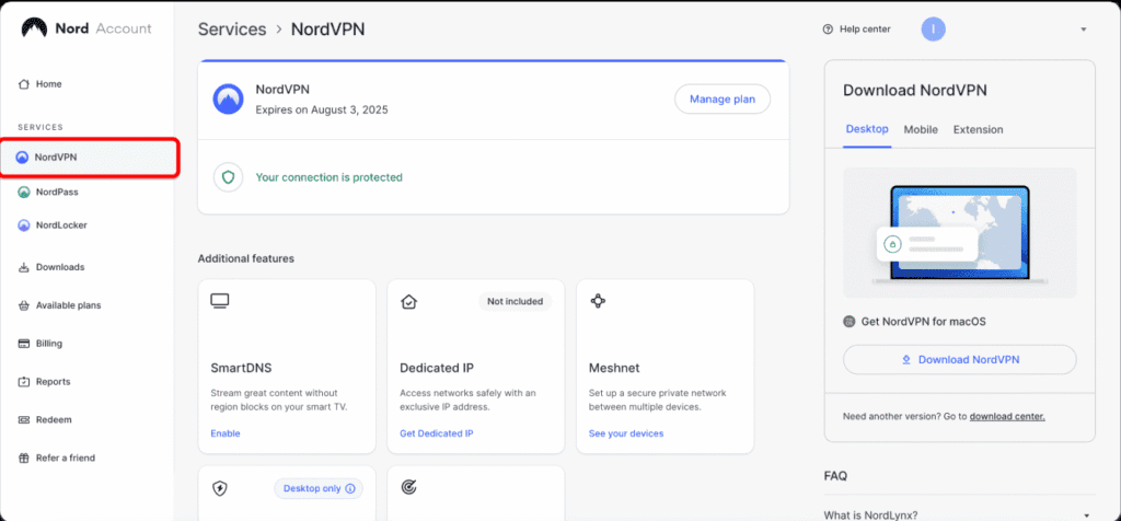 How to Use NordVPN for Beginners: Nordvpn dashboard