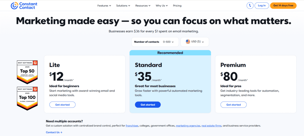 Mailerlite vs Constant Contact: Constant Contact pricing