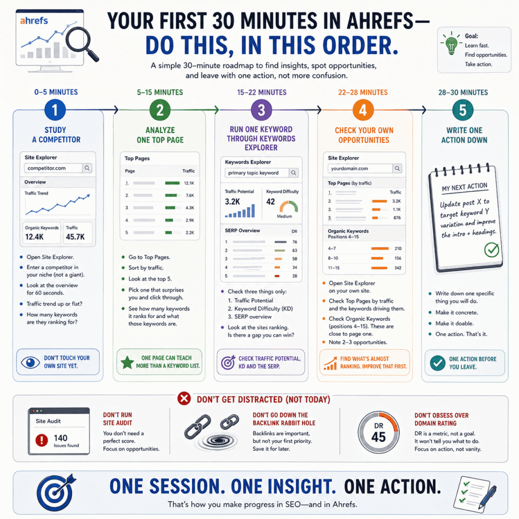 Ahrefs for beginners: a diagram outlining a 30-minute first-session roadmap, showing step-by-step actions for competitor research, keyword analysis, identifying ranking opportunities, and leaving with one concrete SEO action.