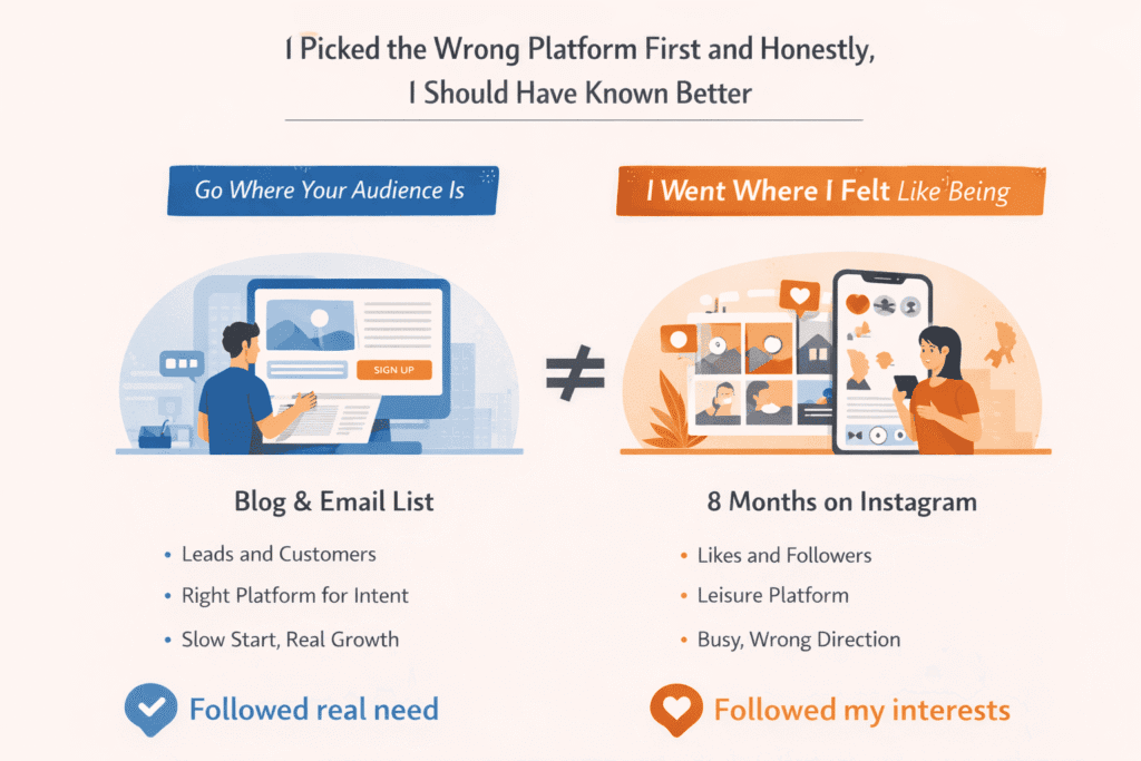 Infographic illustrating one of the most common online marketing mistakes — choosing the wrong platform — comparing blog and email marketing that generate leads and customers versus Instagram engagement that produces likes but no conversions, emphasizing audience intent.