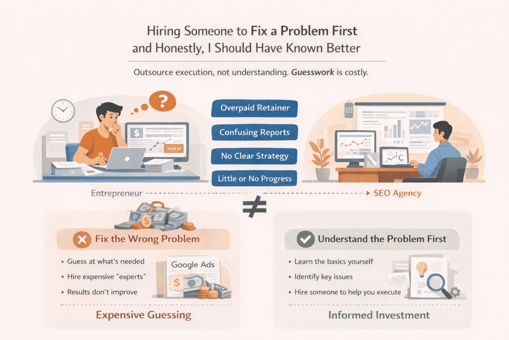 Infographic showing online marketing mistakes such as hiring an SEO agency before understanding the problem, comparing expensive guesswork with informed decision-making, where learning the basics first leads to better results and effective outsourcing.