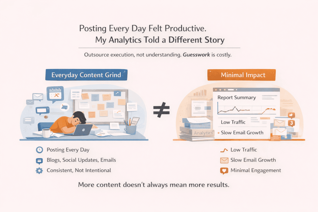 Infographic showing online marketing mistakes like posting content every day without strategy, comparing high content output with low traffic, slow email growth, and minimal engagement, emphasizing the importance of intentional content marketing.