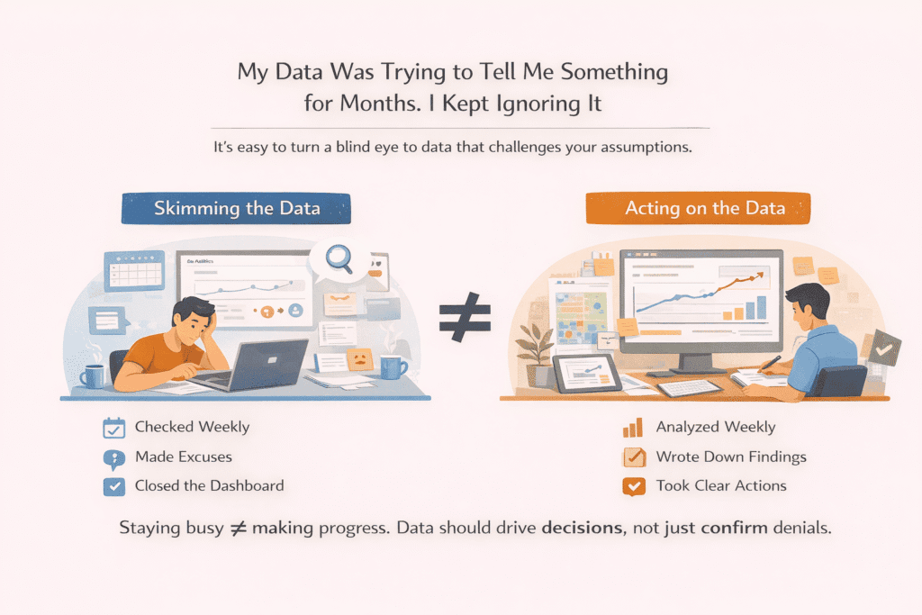 Infographic showing online marketing mistakes such as ignoring analytics data, comparing skimming dashboards without action versus analyzing data and making decisions that improve traffic, engagement, and overall marketing performance.
