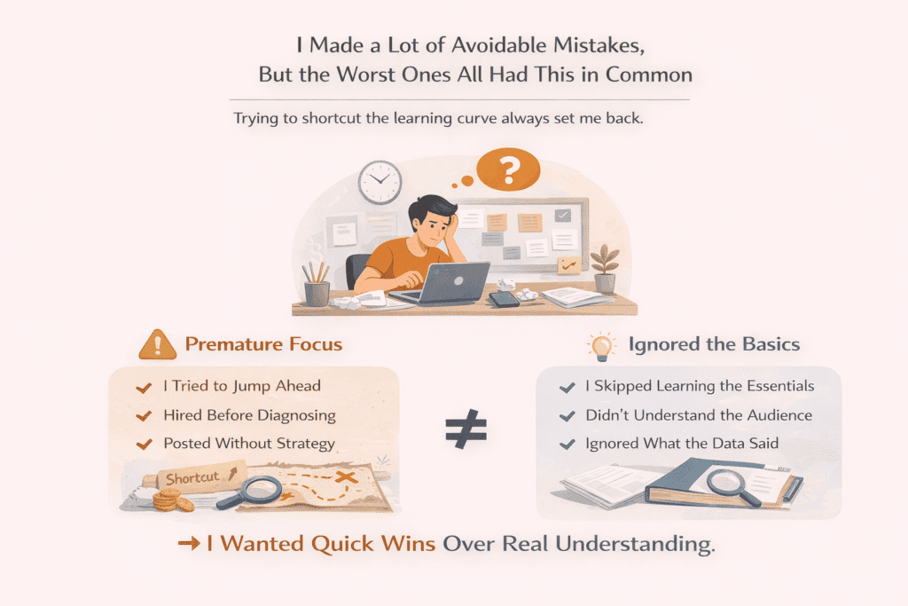 Infographic illustrating online marketing mistakes such as chasing shiny new trends and shortcuts, comparing premature focus on quick wins versus building real understanding through fundamentals, audience insight, and data-driven decisions.