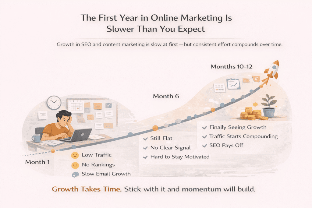 Infographic showing online marketing mistakes like unrealistic timelines, illustrating slow early progress in SEO and content marketing from month one to month twelve, where consistent effort eventually leads to traffic growth and compounding results.