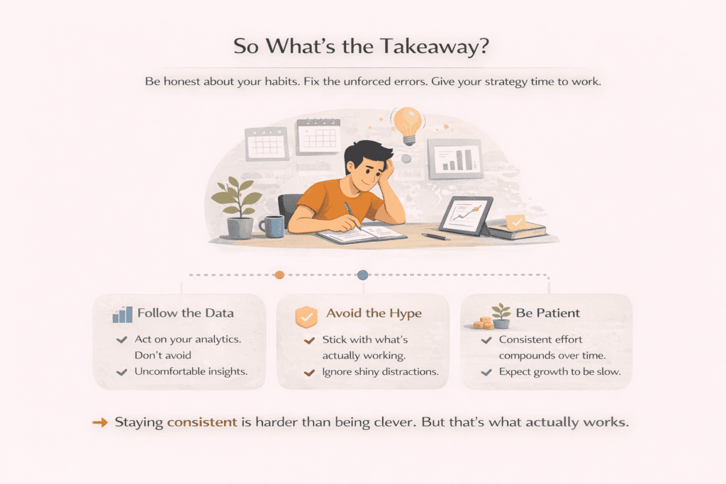 Infographic summarizing online marketing mistakes and key lessons, highlighting the importance of following data, avoiding hype, and staying consistent to achieve long-term growth in digital marketing.