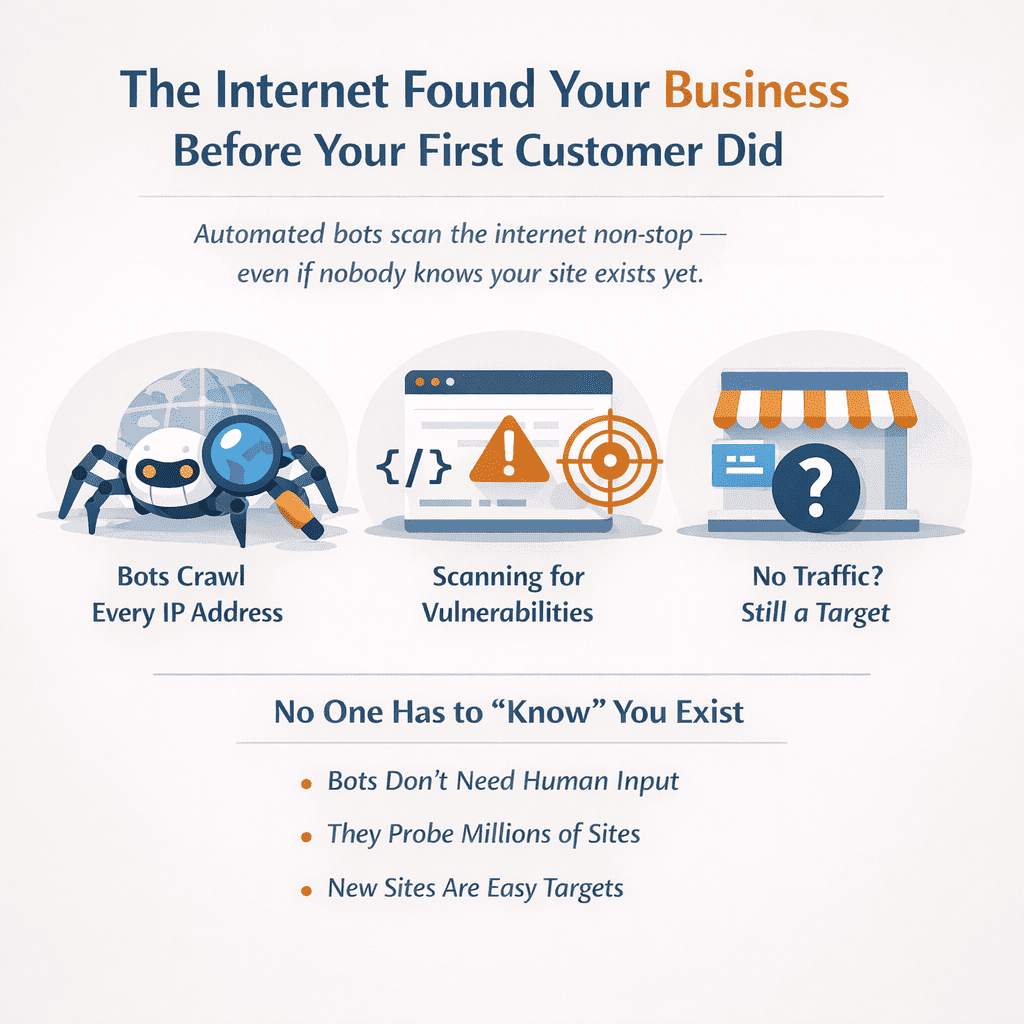 Online business is a security target—automated bots scanning a new website for vulnerabilities before it gets any traffic