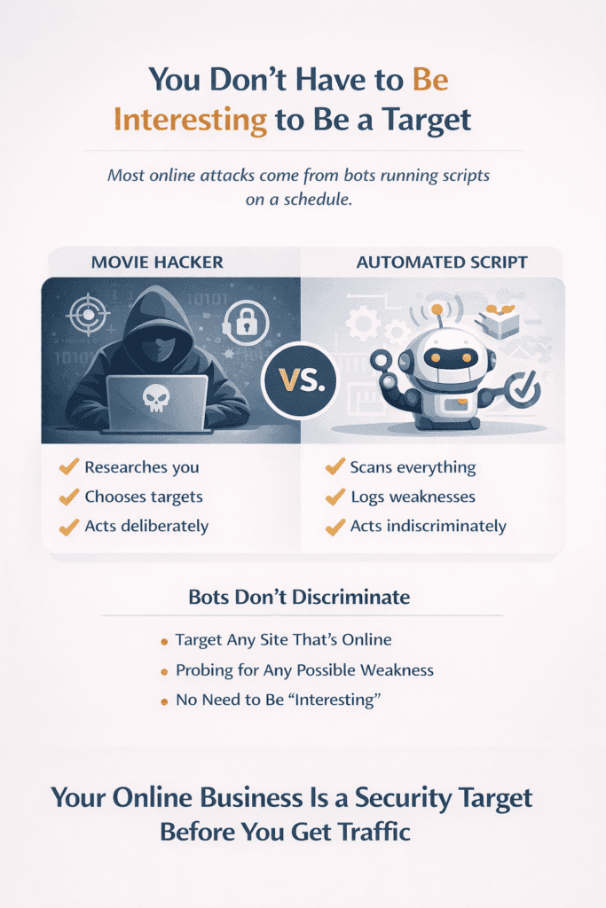 Online business is a security target—infographic comparing human hackers vs automated scripts showing bots scan and exploit websites regardless of size or popularity