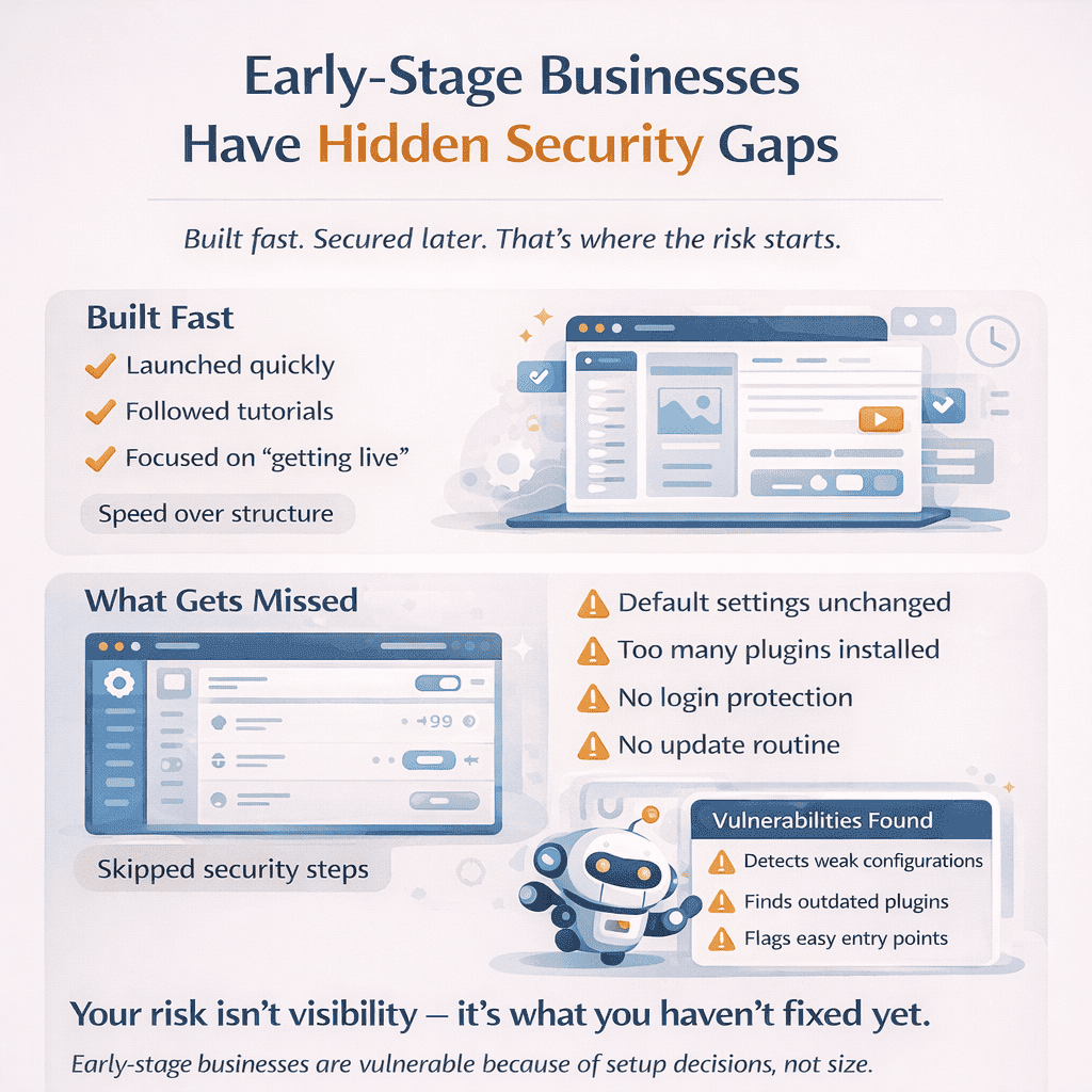 Online business is a security target—infographic showing early-stage website vulnerabilities from default settings, unused plugins, and missing security configurations