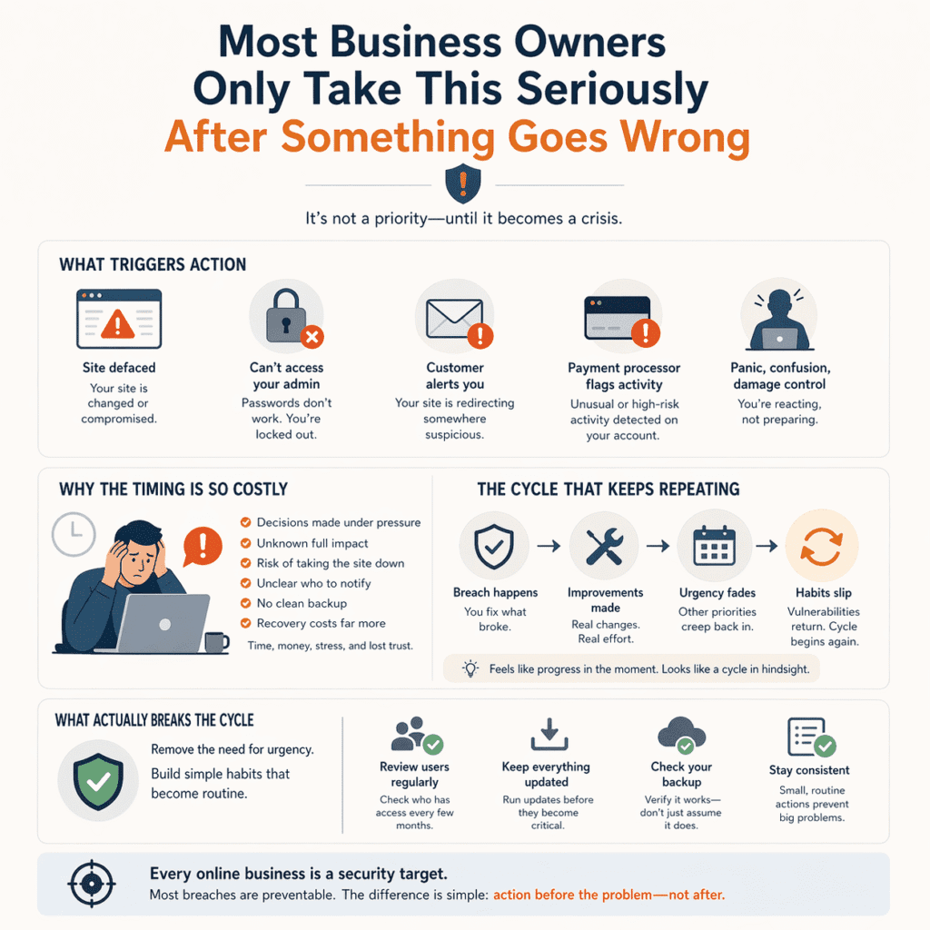 Online business is a security target—infographic showing how business owners only prioritize security after a breach, including common triggers, costs, and prevention habits