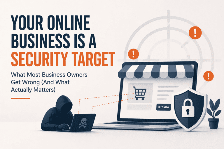 Online business is a security target—featured image showing an ecommerce website under cyber threat with hacker, warning icons, and security shield