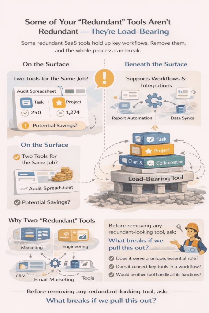 Infographic showing how seemingly redundant SaaS tools can be essential by supporting workflows, integrations, and cross-team dependencies within a software stack