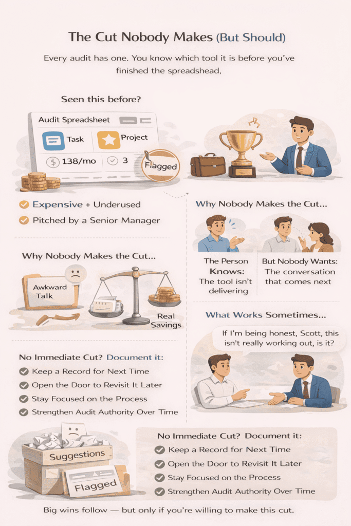 Infographic showing why certain underused SaaS tools remain in a software stack due to internal ownership, decision dynamics, and reluctance to remove tools championed by senior stakeholders