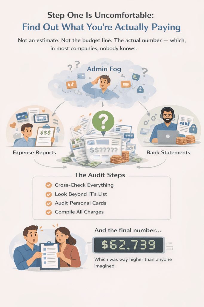 Infographic showing how to uncover total SaaS costs by cross-checking expense reports, bank statements, and hidden subscriptions during a SaaS stack audit