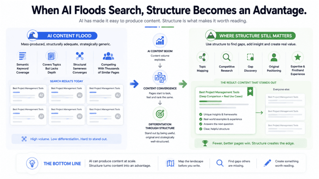 Surfer SEO review: comparing AI-generated content flooding search with repetitive, structurally similar articles versus differentiated content created through topic mapping, competitive research, and original positioning.