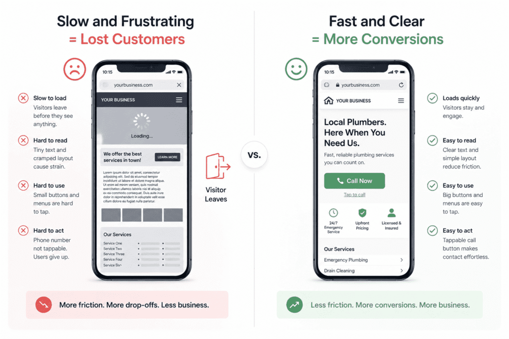 Comparison of poor and optimized mobile website experience in a complete SEO audit for a small business website showing impact on user behavior and conversions