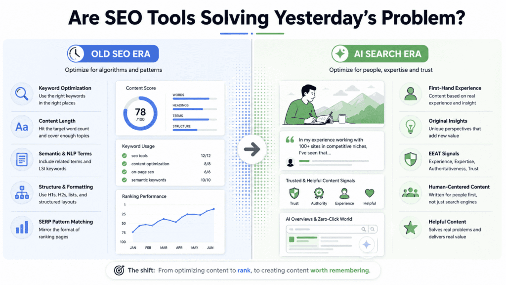 Diagram from this Surfer SEO review comparing traditional SEO tactics like keyword optimization and content scores with modern AI search signals such as EEAT, firsthand experience, original insights, and helpful content.