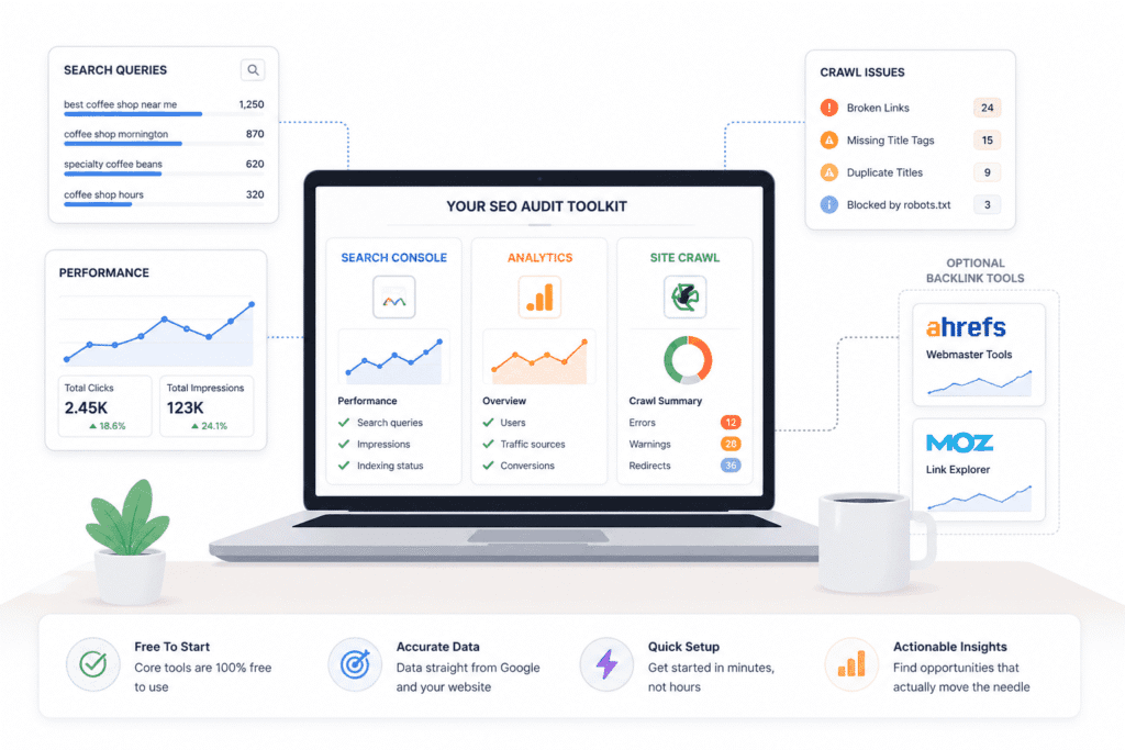 Minimal SEO audit setup showing Google Search Console, Google Analytics 4, Screaming Frog, and backlink tools for a small business website