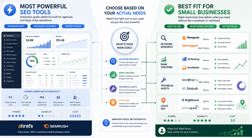 Split-concept illustration for a best SEO tools for small businesses article showing enterprise SEO platforms compared with right-sized tools for small businesses, highlighting differences in usability, cost, keyword research, rank tracking, technical audits, and local SEO.