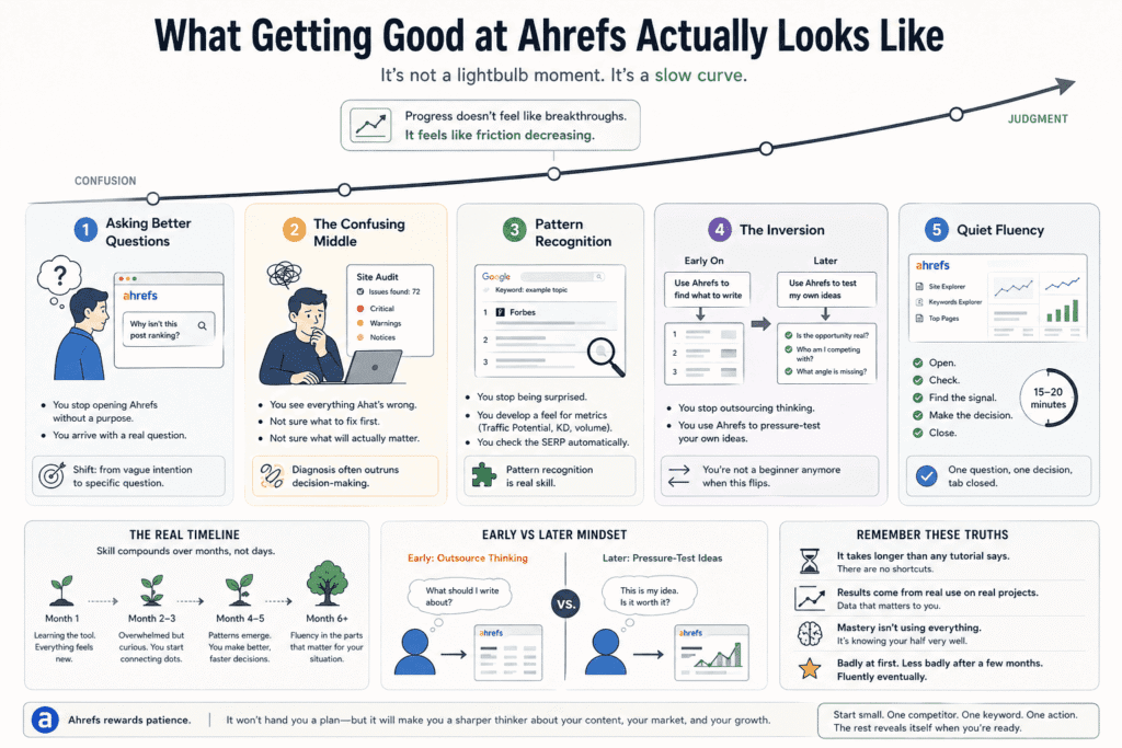 Ahrefs for beginners: a diagram showing a five-stage learning curve from confusion to quiet fluency, illustrating how progress develops through better questions, pattern recognition, judgment, and repeated use of Ahrefs.