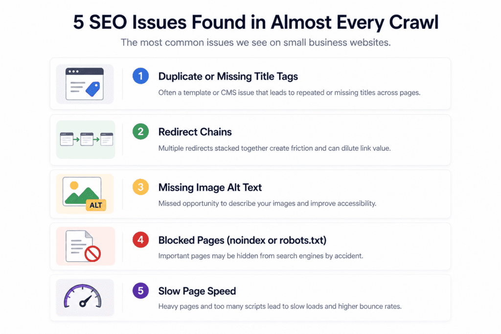 Five common issues found in a complete SEO audit for a small business website including title tags, redirects, alt text, blocked pages, and page speed