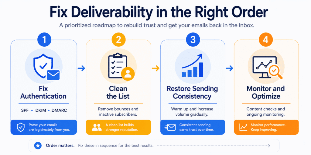 Diagram showing a four-step recovery roadmap for email deliverability for small businesses, covering authentication setup, list cleaning, restoring sending consistency, and ongoing monitoring to improve inbox placement.