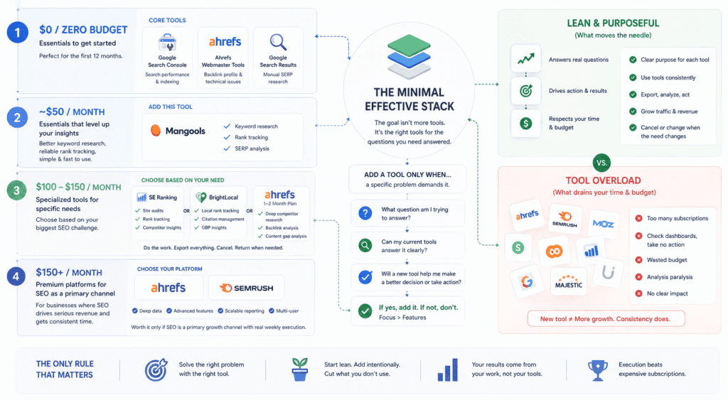 Illustration for a best SEO tools for small businesses article showing a budget-based SEO tool stack framework with zero-budget essentials, $50/month tools, specialized mid-tier tools, premium platforms, and a minimal effective stack approach designed to avoid tool overload and unnecessary subscriptions.