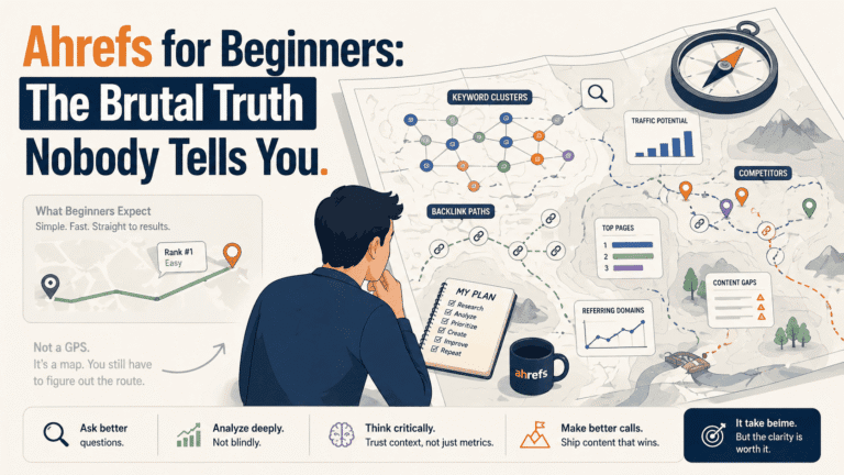 Featured image for Ahrefs for beginners showing Ahrefs as a strategic map rather than a GPS, with keyword clusters, backlink paths, competitor markers, and a blogger navigating SEO research complexity.