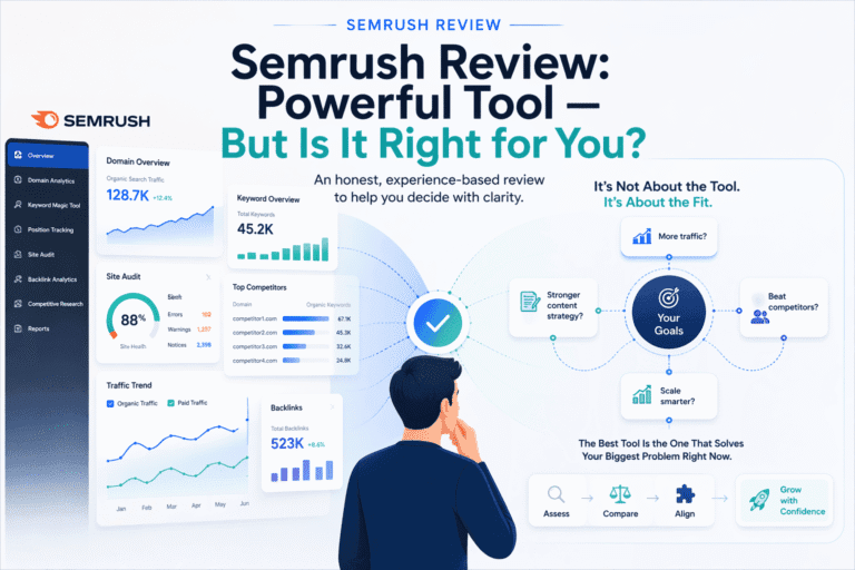 Featured image for a Semrush review showing SEO dashboards, competitor data, and strategic decision mapping to illustrate whether Semrush is the right fit for different users.