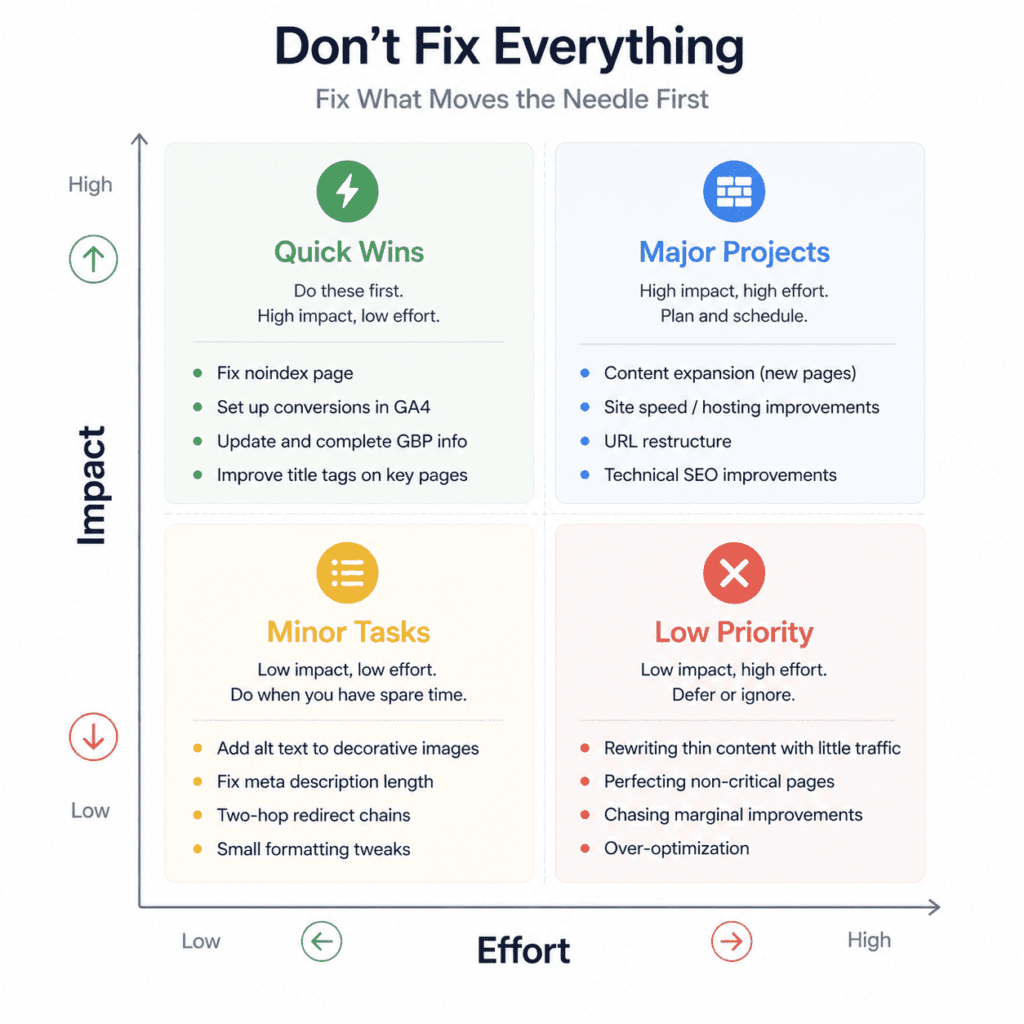 Effort vs impact prioritization matrix in a complete SEO audit for a small business website showing quick wins, major fixes, and low priority tasks