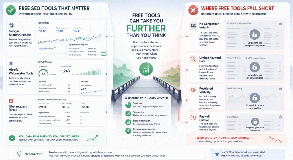 best SEO tools for small businesses: a diagram showing a split concept between powerful free SEO tools like search performance and site audits, versus their limitations such as competitor gaps, restricted data, and paywall friction, with a strategic bridge from free tools to smarter SEO decisions.
