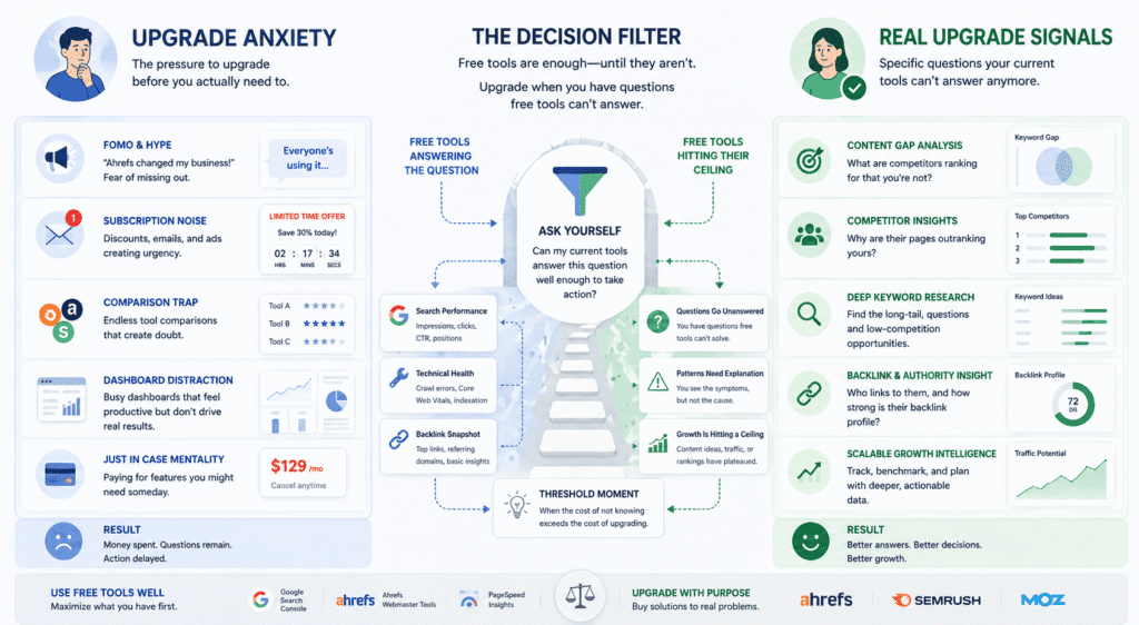 Split-concept illustration for a best SEO tools for small businesses article showing the difference between upgrade anxiety driven by subscription pressure and real upgrade signals driven by specific SEO needs, including free tool limits, competitor analysis needs, content gap signals, and when paid SEO tools become justified.