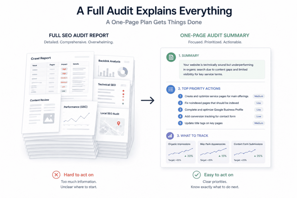 Comparison of detailed SEO audit report versus simplified one-page action plan in a complete SEO audit for a small business website