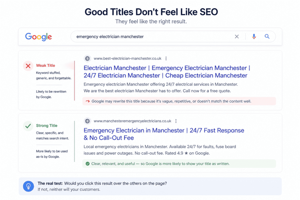 Comparison of weak and strong title tags in a complete SEO audit for a small business website showing keyword stuffing versus user-focused search result copy