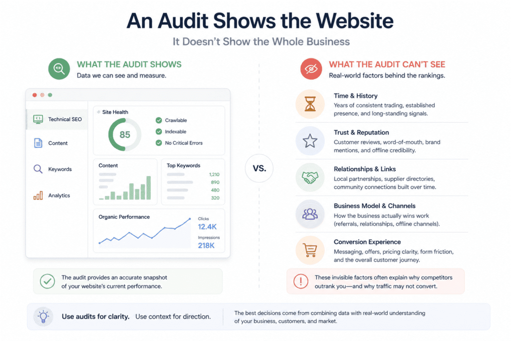 Limitations of a complete SEO audit for a small business website showing difference between measurable SEO data and hidden business factors like trust and conversions