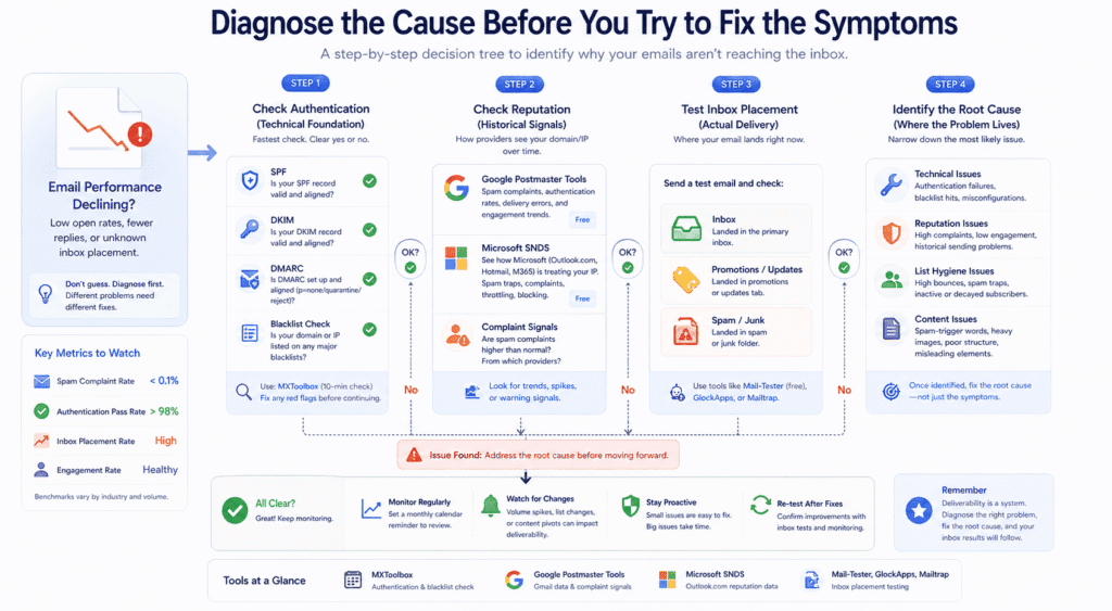 Diagram showing a diagnostic decision tree for email deliverability for small businesses, including authentication checks, sender reputation diagnostics, inbox placement testing and root cause analysis to help identify why emails may be landing in spam or missing the inbox.