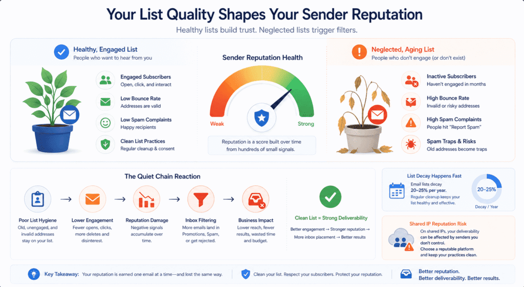 Diagram showing how list hygiene and sender reputation affect email deliverability for small businesses, comparing a healthy engaged email list with a neglected aging list, and illustrating how low engagement, bounce risks and spam traps can lead to inbox filtering.