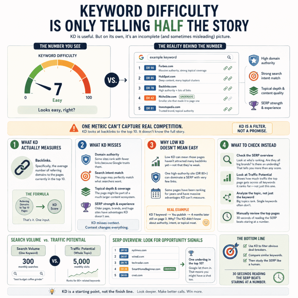 Ahrefs for beginners: a diagram explaining why keyword difficulty can be misleading, showing what KD measures, what it misses, how traffic potential differs from search volume, and how to analyze SERPs beyond the metric.